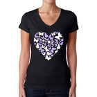 Camiseta De Cuello En V Word Art Para Mujer - Coraz&oacute;n de Mariposa- Negro