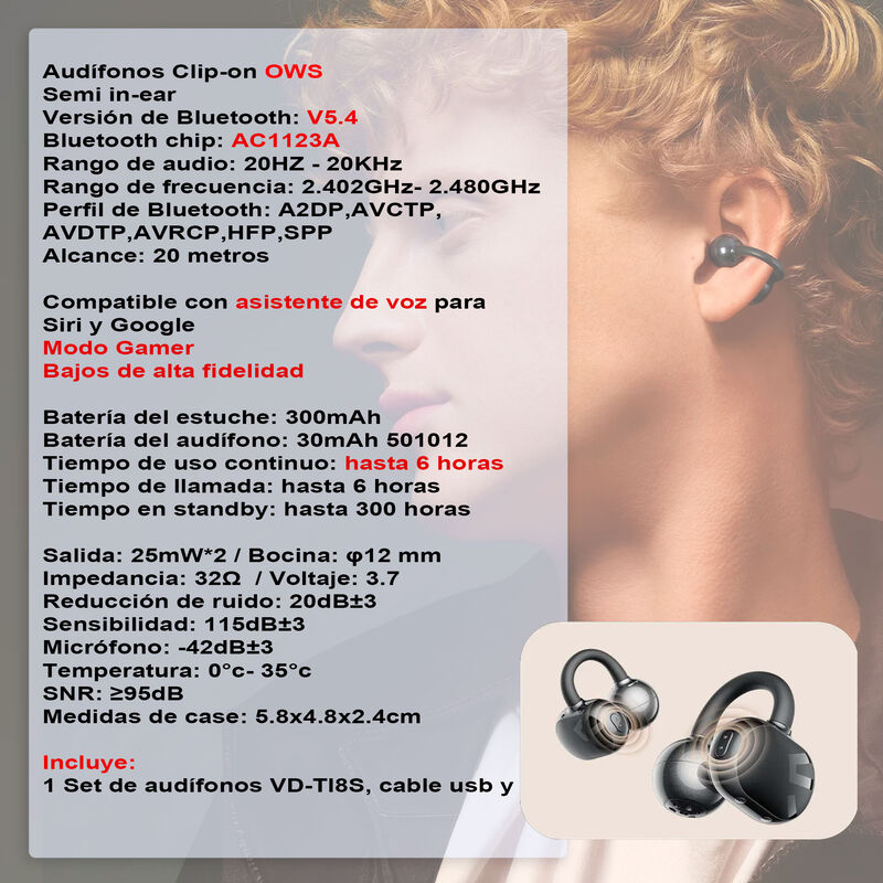 Aud&iacute;fonos Vak Ti8s Tws Ows Bluetooth Clip Siri ... image number null