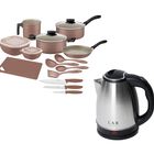 Combo Bater&iacute;a Tramontina 18 Piezas Mocaccino + Hervidora El&eacute;ctrica Lar / Fussion 1.5 L, 900w Acero Inox End