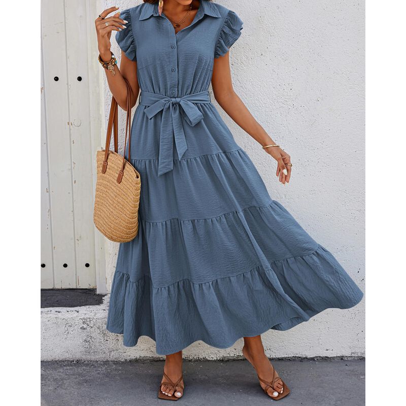Vestido Dowerme Maxi Volantes Gris Azul Talla L image number null