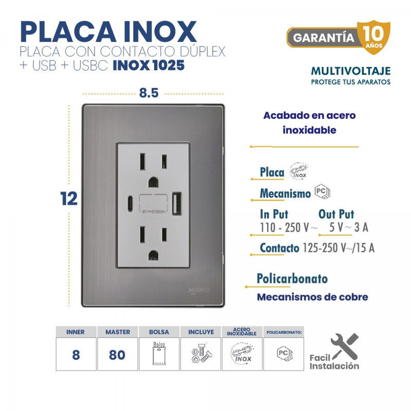 1 Pieza Placa Armada Inox Y&nbsp;contacto Duplex + U... image number null