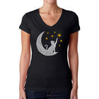 Camiseta De Cuello En V Word Art Para Mujer - Gato y Luna- Negro