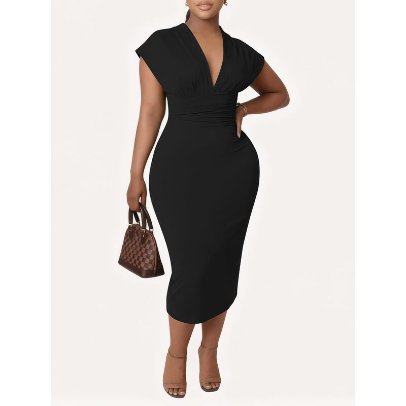 Vestido Ulovmi Midi Bodycon Cuello En V Mangas ... image number null
