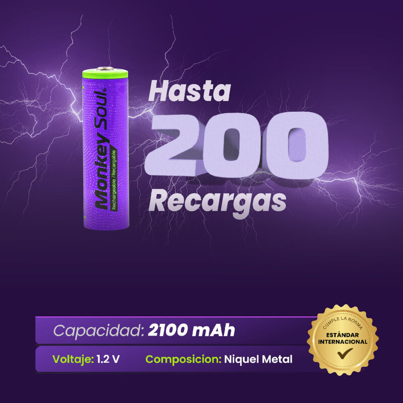 Pilas Baterías AA Recargables Monkey Soul 6 pie... image number null