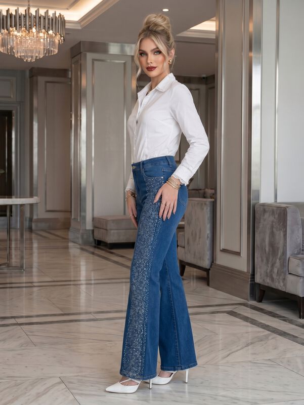 Jeans Flare Mujer Con Pedrer&iacute;a Y Brillos Mezc-1... image number null