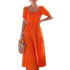 Vestido Largo Midi  Ves -1052 Naranja Vestido Casual Con Manga Corta Abullonada Para Mujer