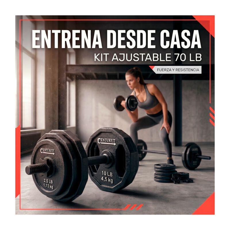 Kit de Pesas 70lbs Discos Barra Recta Par de Ma... image number null