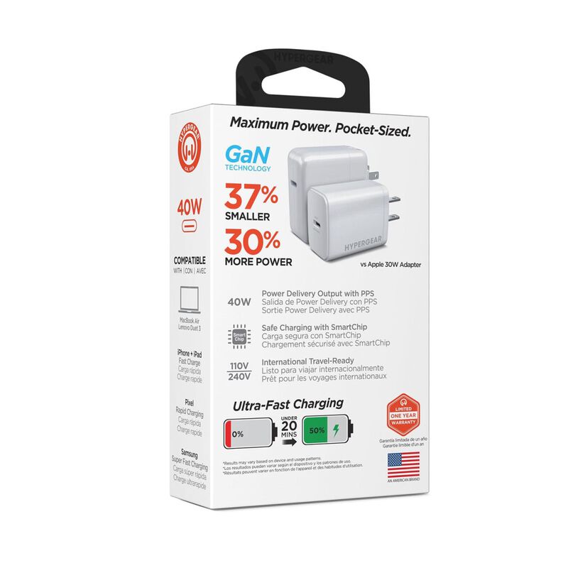 Cargador r&aacute;pido AC HYPERGEAR USB-C PD 40W GaN P... image number null