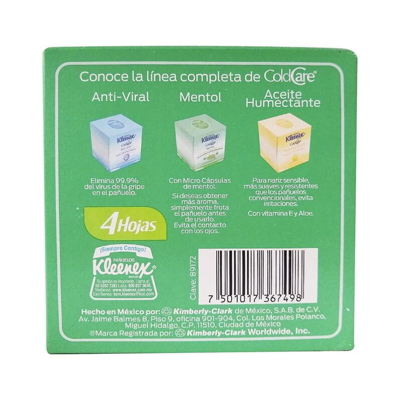 Pa&ntilde;uelos Kleenex Cold Care Mentol 60 Pzs image number null