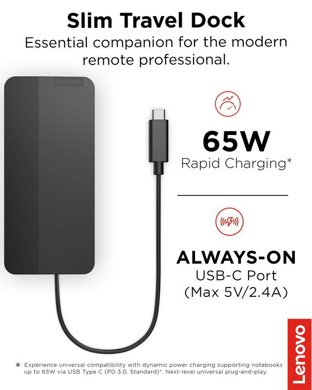 Dock Lenovo Usb-c Slim Travel, 8 Puertos, 65 W,... image number null