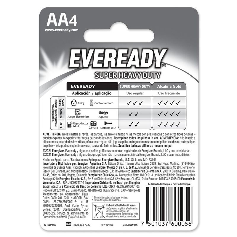 Pila Eveready Carbón Zinc AA Blister 4 Unidades image number null