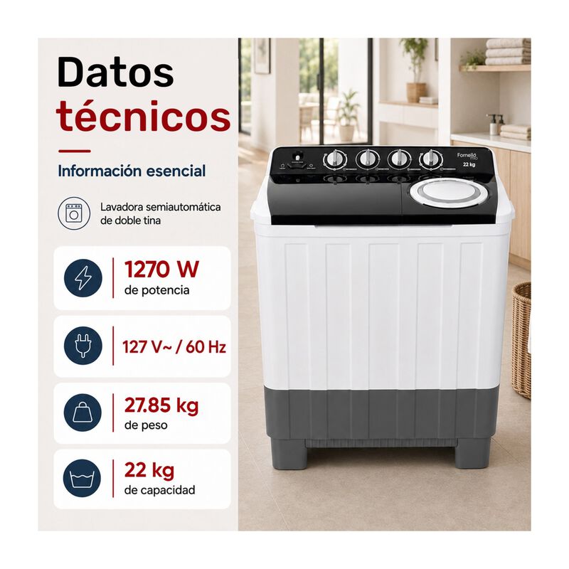 Lavadora Semiautom&aacute;tica 22 Kg Doble Tina 1270 W... image number null