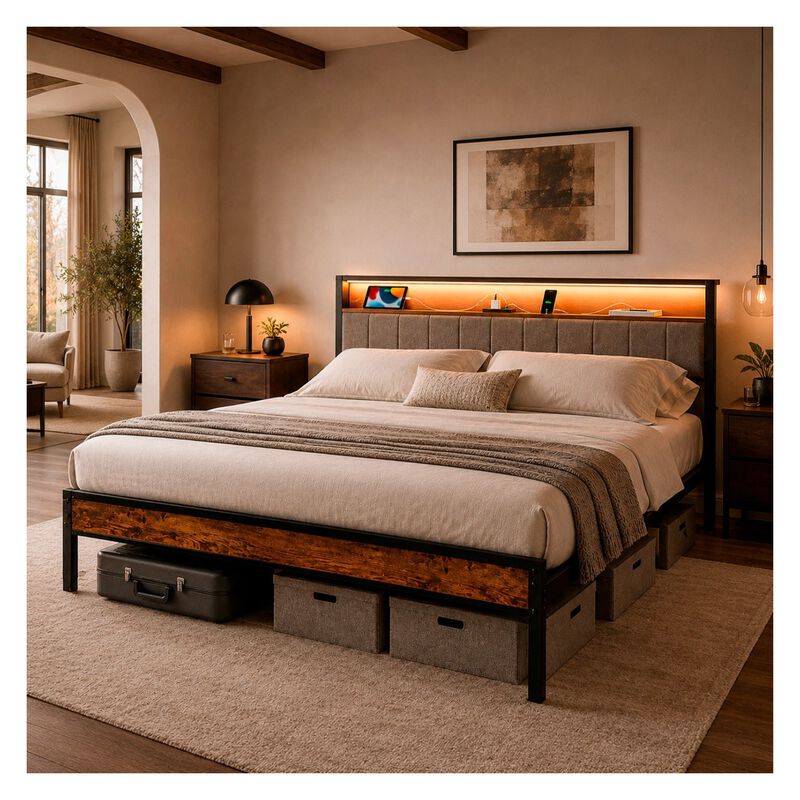 Base Cama Kingsize Cabecera Repisas Luz Led Usb... image number null