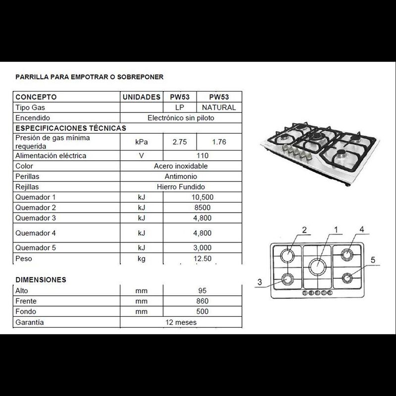Parrilla Empotrable con 5 Quemadores Gas Natura... image number null