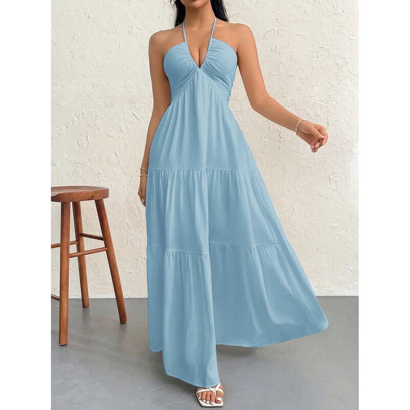 Vestido Narecte Maxi Escote Halter Corte A Azul... image number null