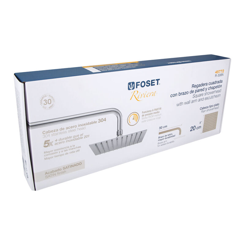 Regadera Sat&iacute;n 8' Plato Cuadrado delgado con Br... image number null