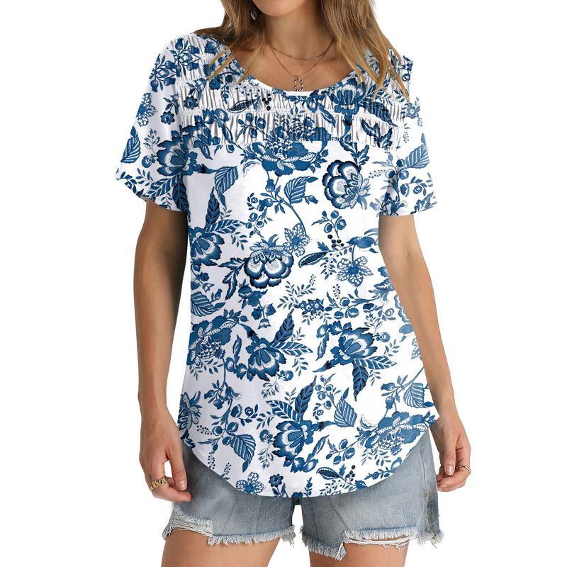Camiseta Ofeefan Azul Floral, Cuello Redondo, P... image number null