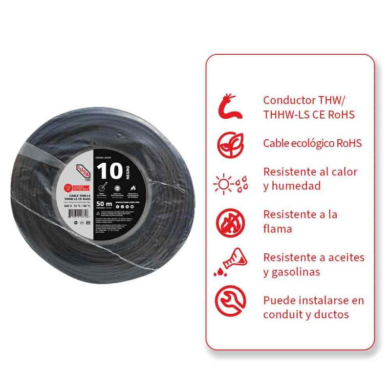 Cable Thhw-ls Rohs Calibre 10 Awg Negro 50m image number null