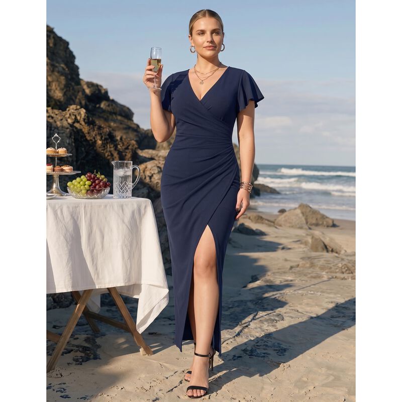 Vestido Owin Maxi Azul Marino Escote V, Abertur... image number null