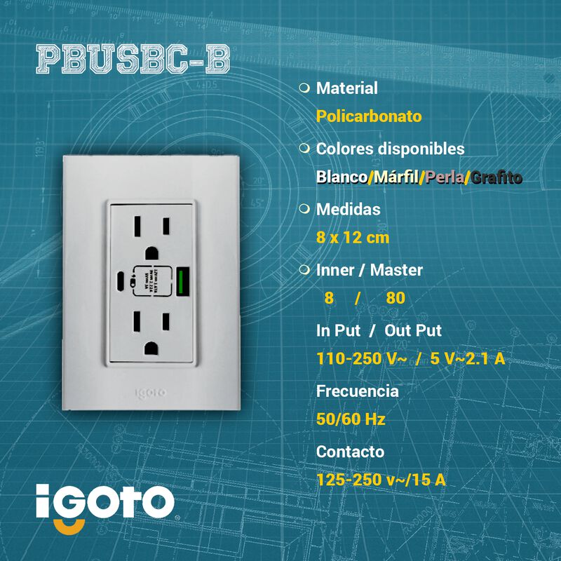 Placa con Contacto Duplex + USB+ USBC Blanco iG... image number null