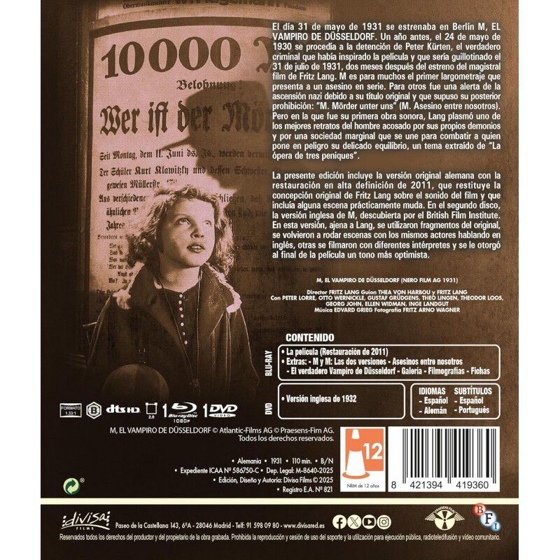 M, El Vampiro De D&uuml;sseldorf [Blu-ray, DVD] (193... image number null