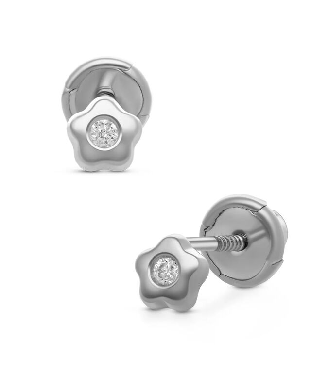 Broqueles De Flor En Oro Blanco 14k Con 3pts De... image number null