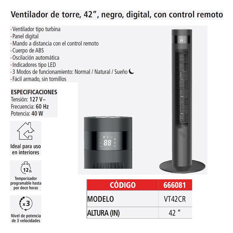 Ventilador de torre 42", digital, con control r... image number null