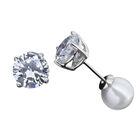 Aretes Dobles con Cristal Y Perla en Color Blanco en Baño de Oro Blanco de 18K