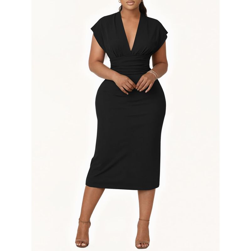 Vestido Ulovmi Midi Bodycon Cuello En V Mangas ... image number null