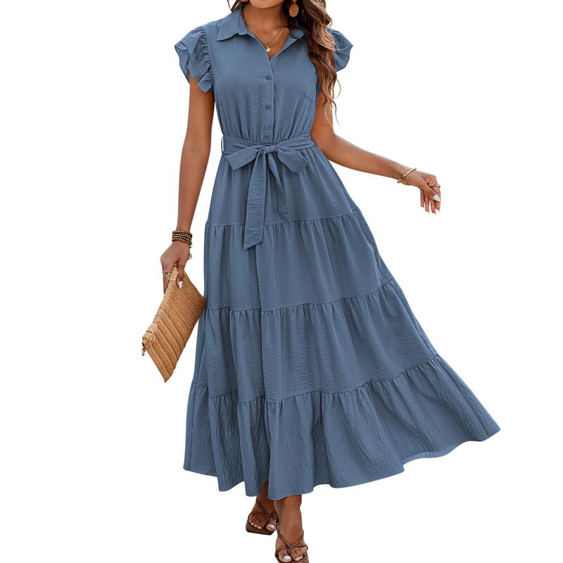 Vestido Dowerme Maxi Volantes Gris Azul Talla L image number null