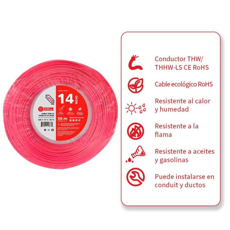 Cable Thhw-ls Rohs Calibre 14 Awg Rojo 50m image number null