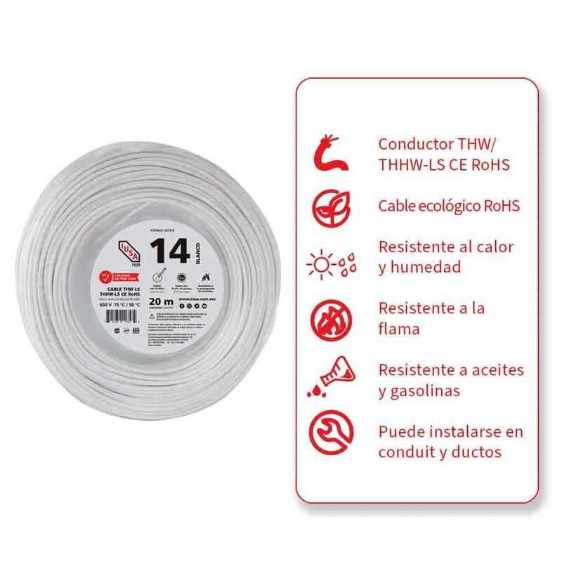 Cable Thhw-ls Rohs Calibre 14 Awg Blanco 20m image number null