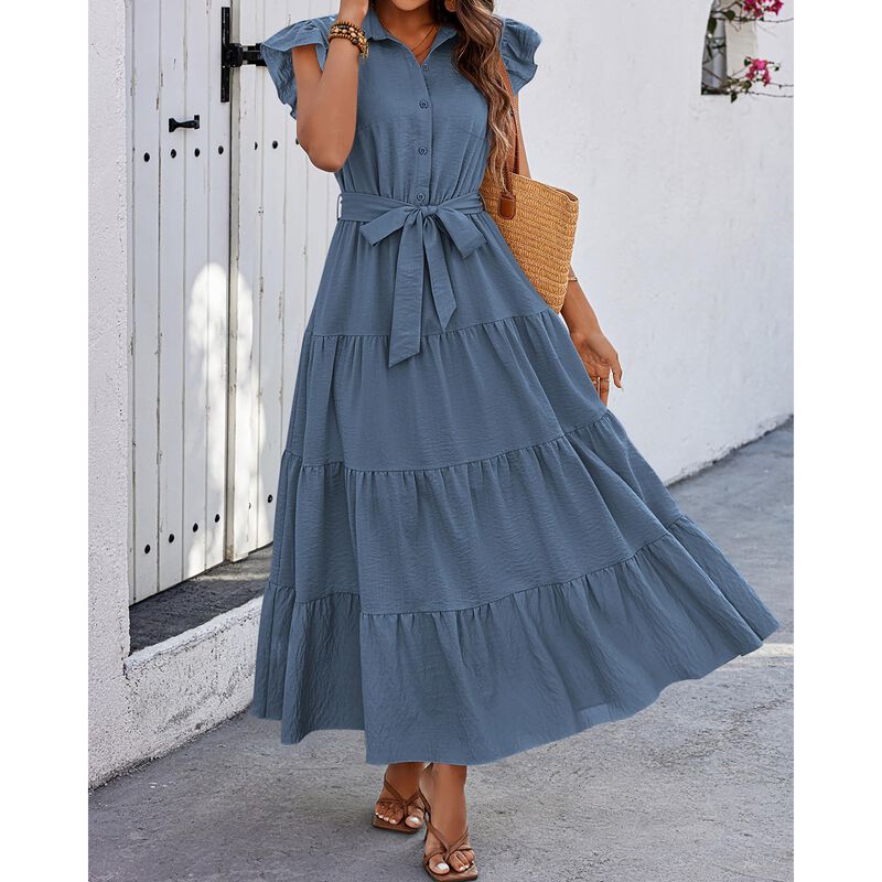 Vestido Dowerme Maxi con Volantes, Gris/Azul, T... image number null