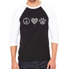 Camiseta Ragl&aacute;n de B&eacute;isbol Word Art Para Hombre - Paz Amor Gatos - Negro Gris