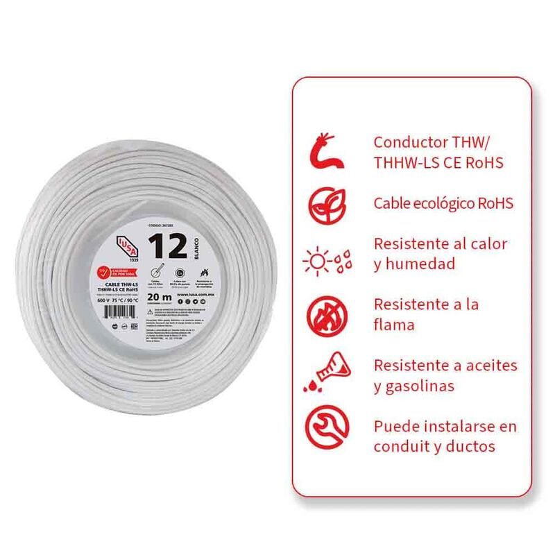 Cable Thhw-ls Rohs Calibre 12 Awg Blanco 20m image number null