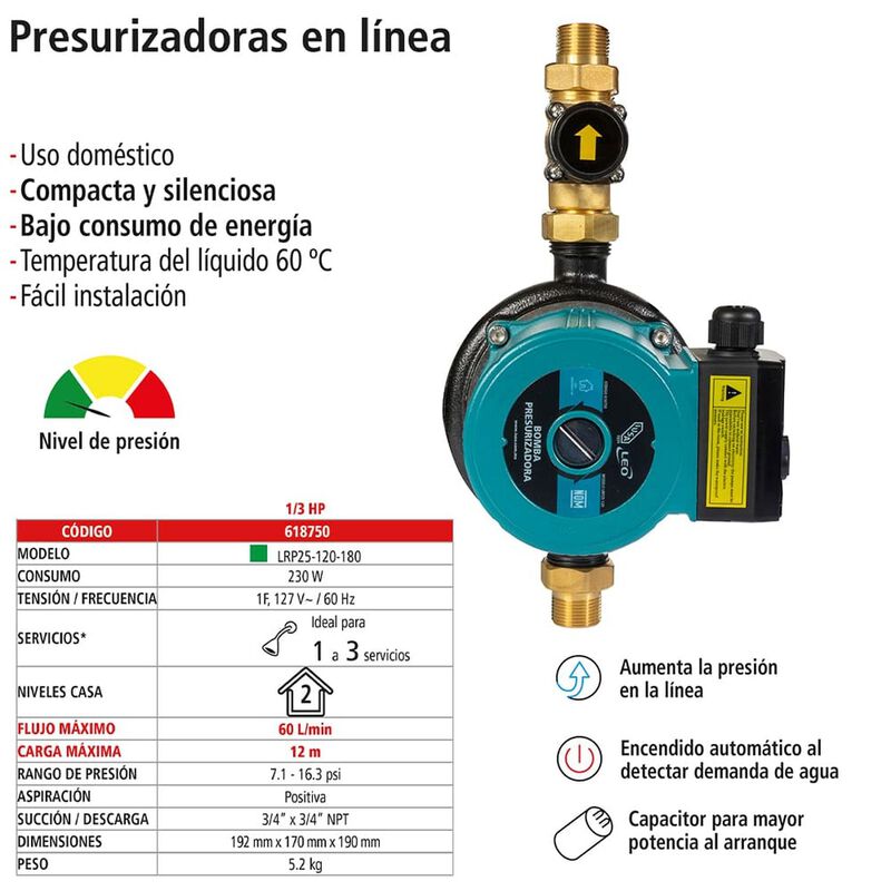 Bomba Electrica Presurizadora 1/3 Hp 3 Servicio... image number null