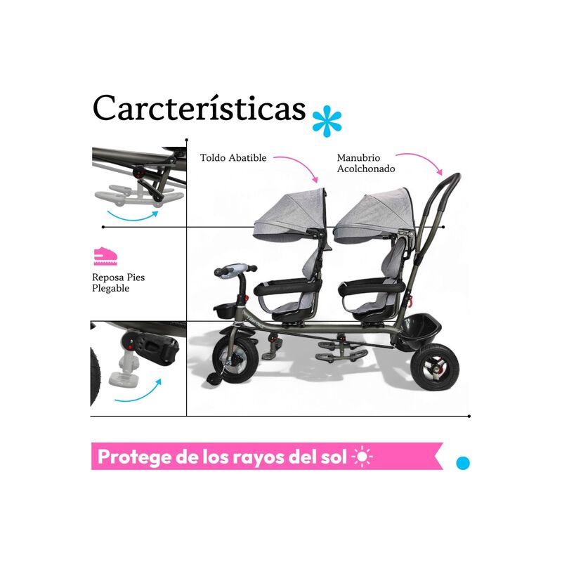 Triciclo Para Ni&ntilde;os Gemelar Doble Tek-2029 Gira... image number null