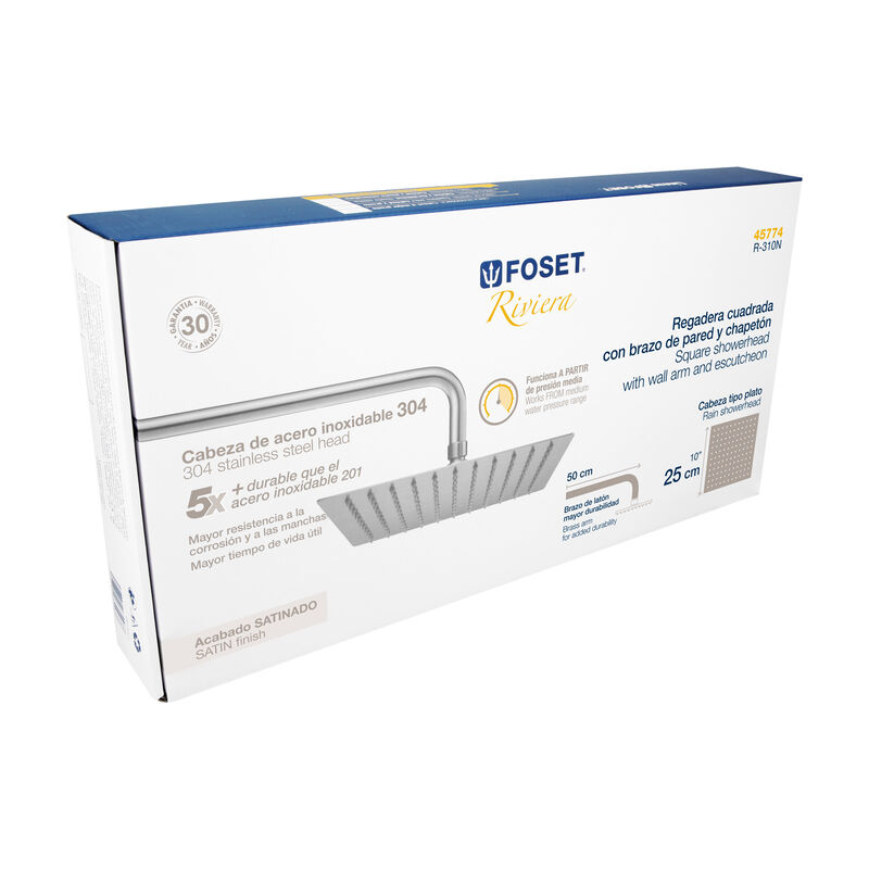 Regadera Sat&iacute;n 10' Plato Cuadrado delgado con B... image number null