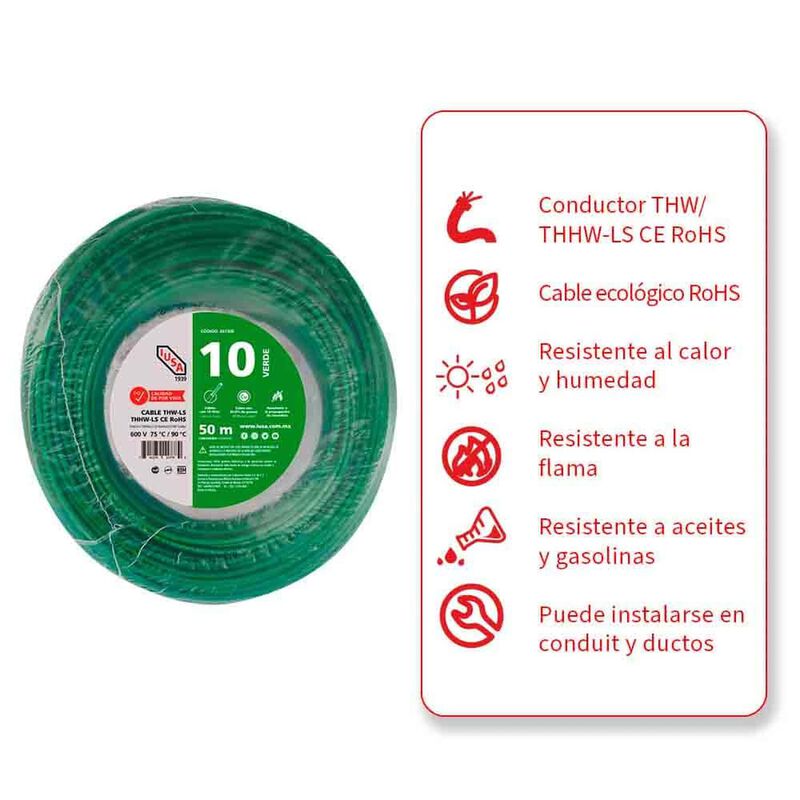 Cable Thhw-ls Rohs Calibre 10 Awg Verde 50m image number null