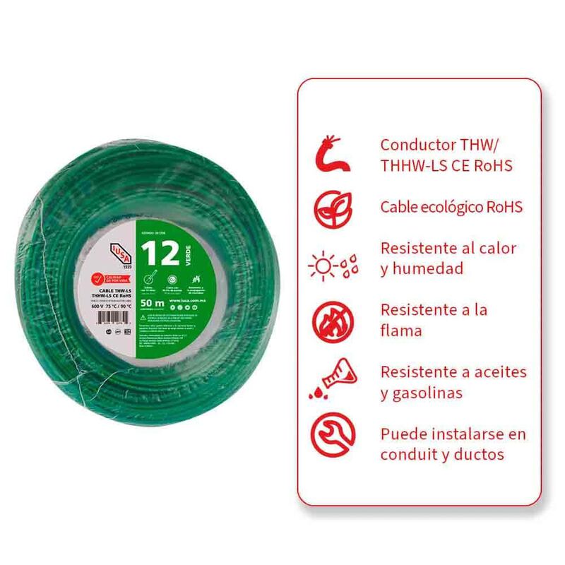 Cable Thhw-ls Rohs Calibre 12 Awg Verde 50m image number null