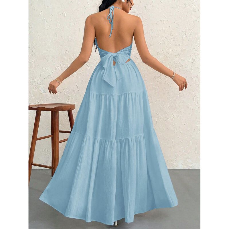 Vestido Narecte Maxi Escote Halter Corte A Azul... image number null