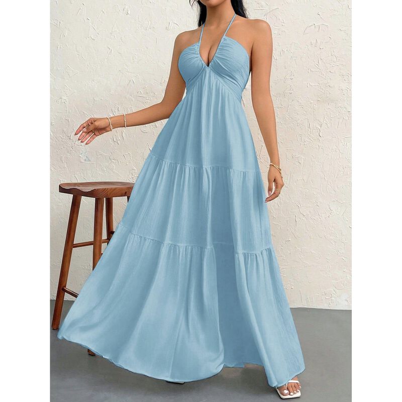 Vestido Narecte Maxi Escote Halter Corte A Azul... image number null