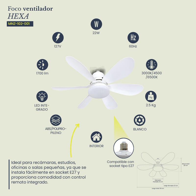 Foco Ventilador LED HEXA 50cm para Socket E27 c... image number null