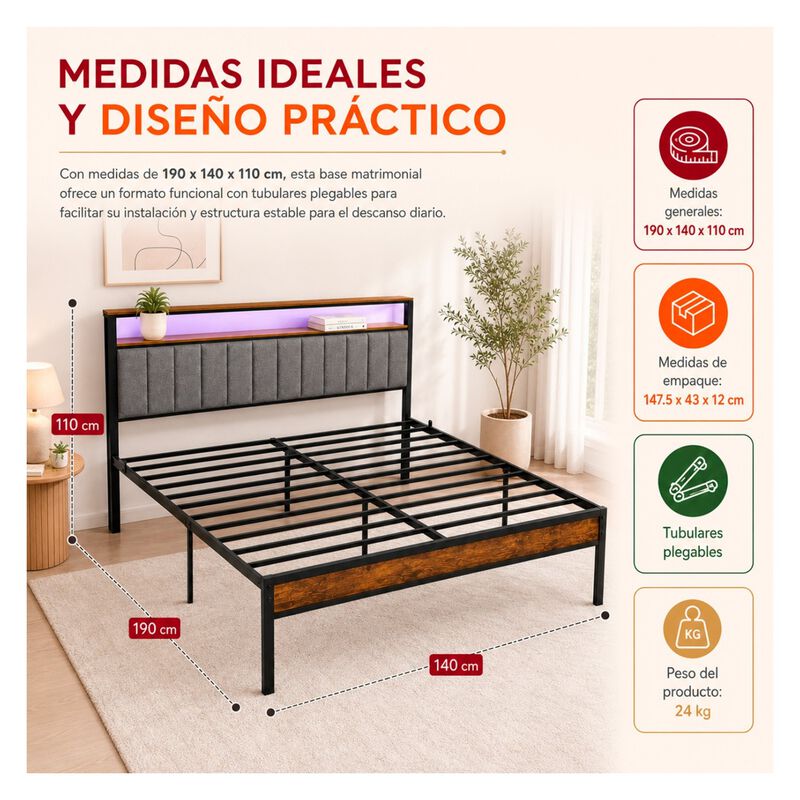 Base Matrimonial Cabecera Repisas Luz Led Usb C... image number null