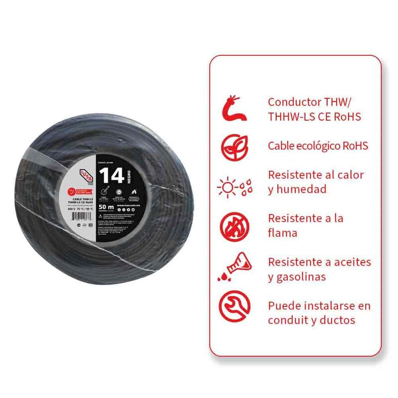 Cable Thhw-ls Rohs Calibre 14 Awg Negro 50m image number null