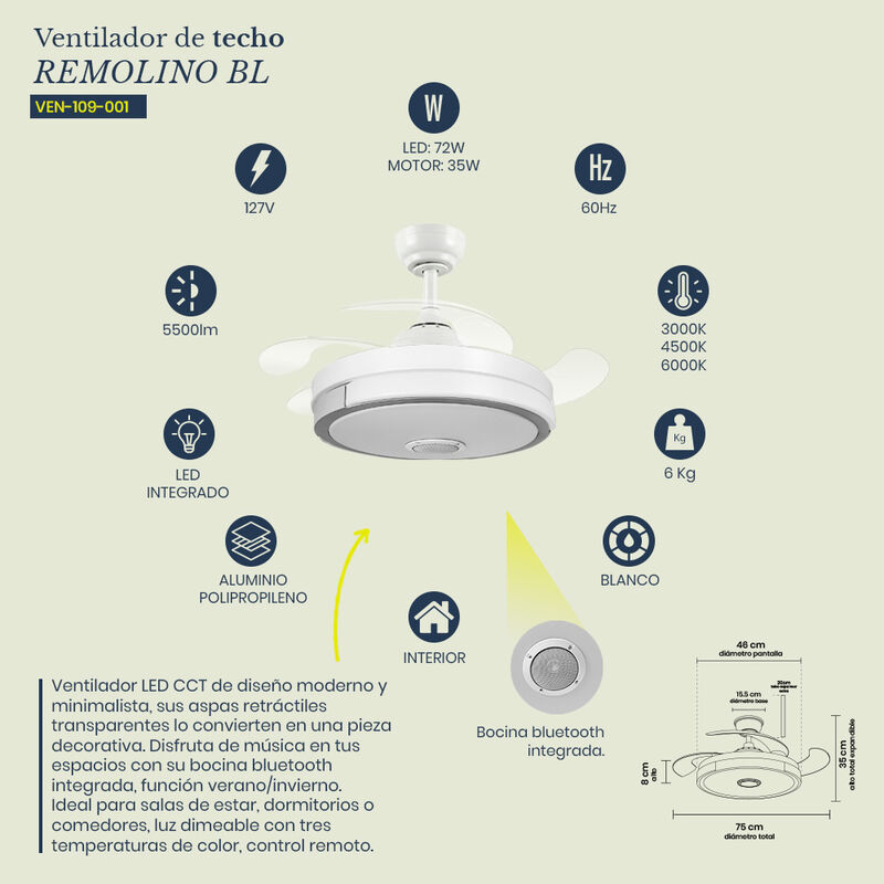 Ventilador de Techo LED Remolino con Bocina Blu... image number null
