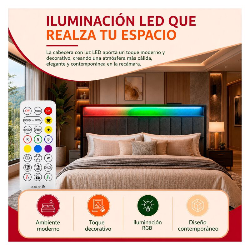 Base Cama Kingsize Cabecera Repisas Luz Led Usb... image number null