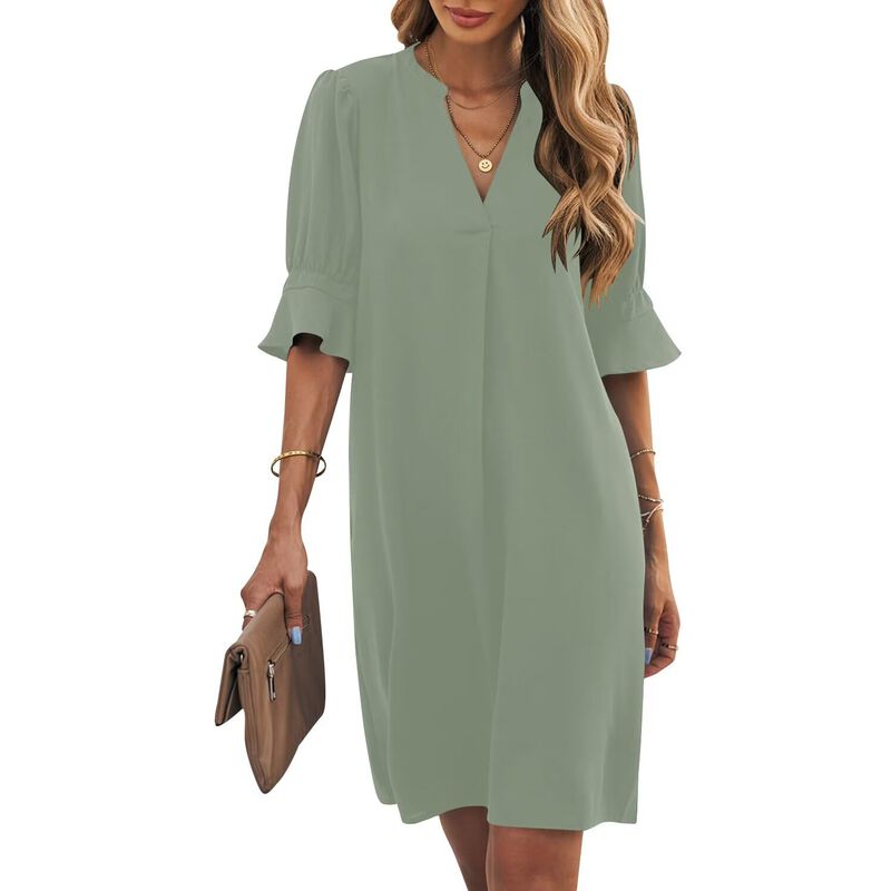 Vestido Wkior Mujer Cuello V Manga Corta Verde ... image number null