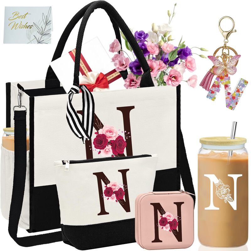 Bolso Tote De Lona Con Inicial Y Bolsillo &ndash; Set... image number null