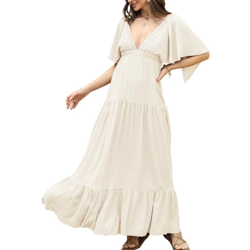 Vestido Maxi Beige Kikibell con Escote en V y M... image number null